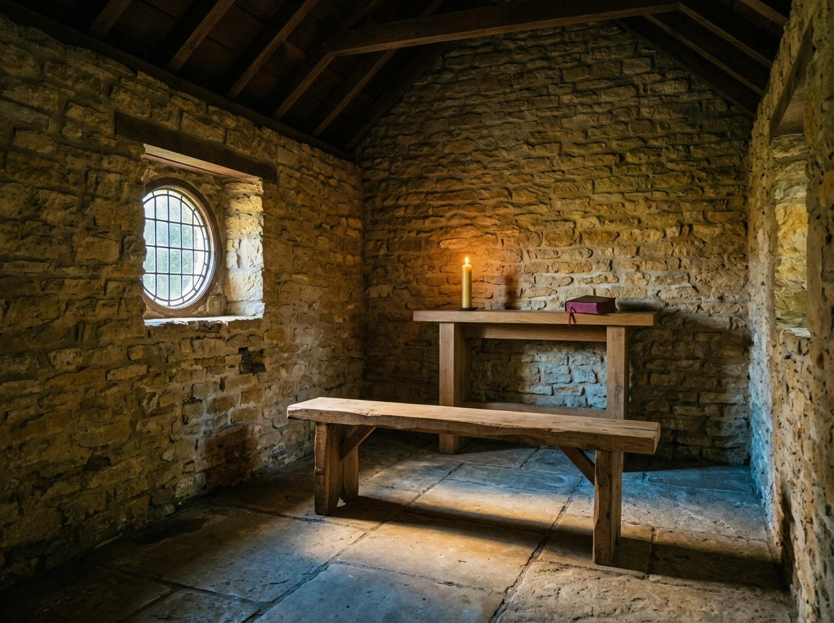 A small stone chapel with a single oak bench facing an unfinished oak altar-shelf, one lit beeswax candle, warm gold and blue beams from a small leaded-glass window on the flagstone floor.