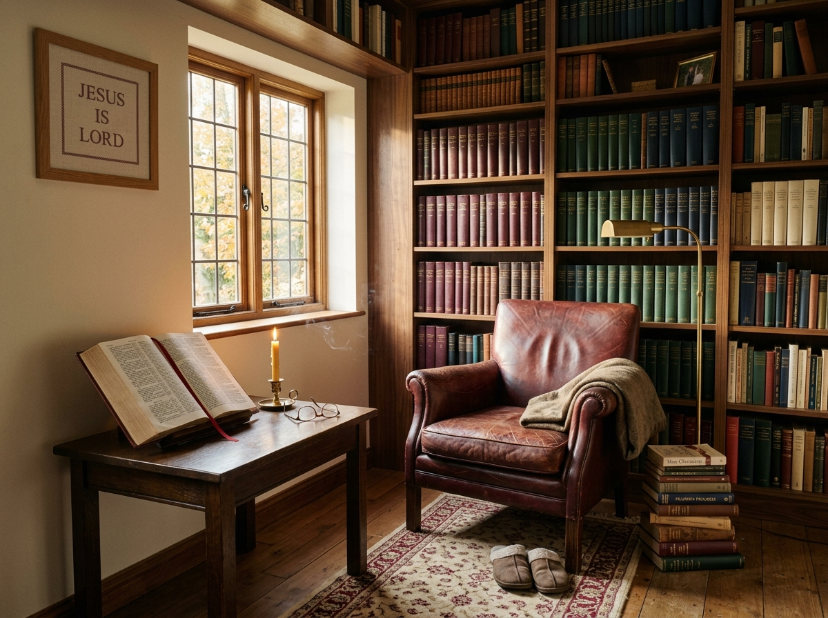 A warm honey-oak library with walnut bookshelves, a burgundy leather reading chair, an open King James Bible on a small oak table, and a lit beeswax candle beside it.